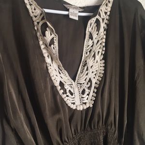 Silky Dark Olive Green Lace Trim Sexy Blouse